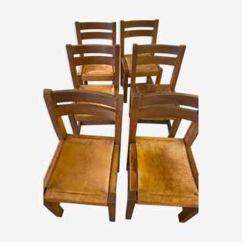 6 Maison Regain wood and leather chairs