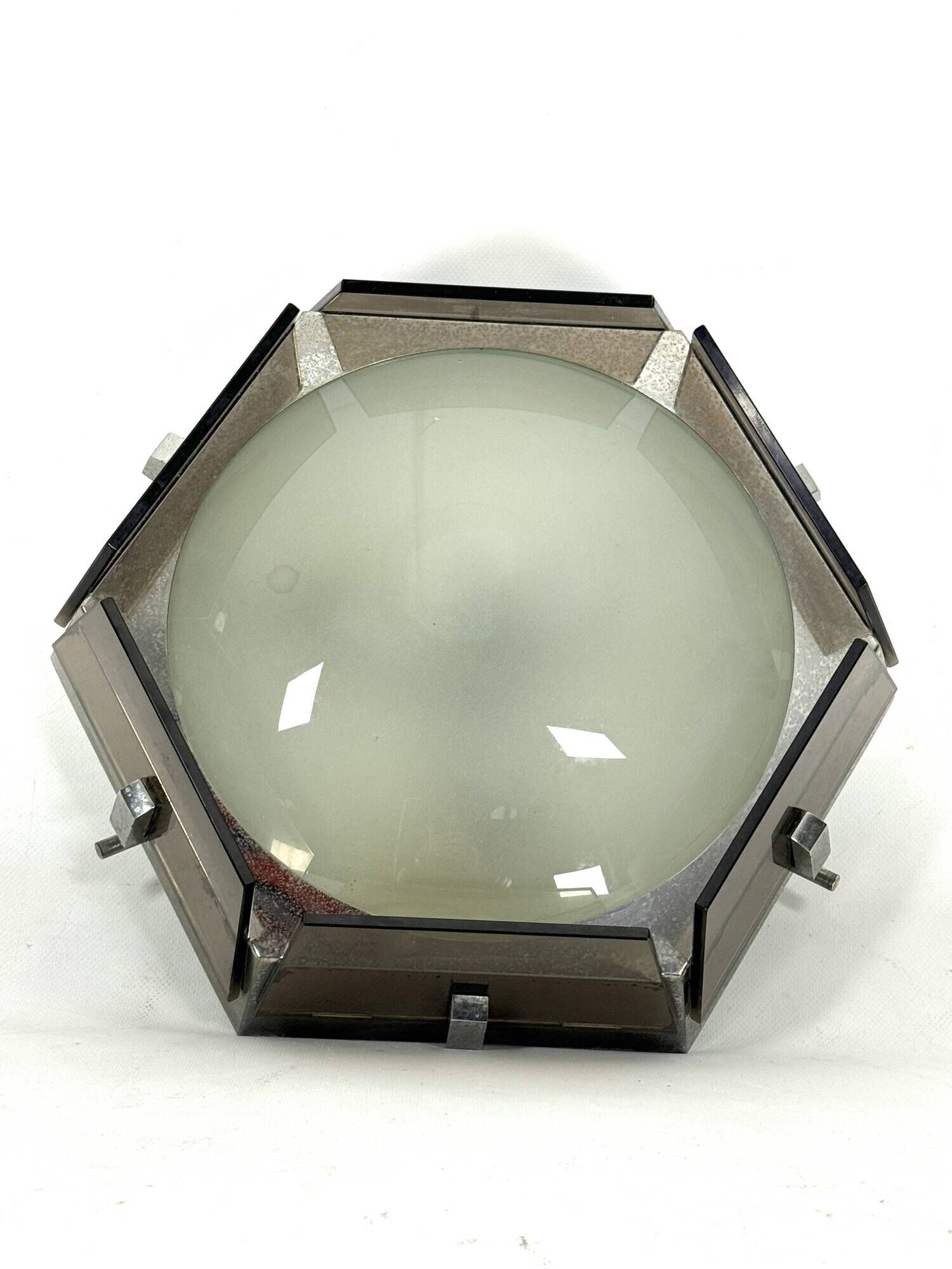 Veca, large exagonal ceiling lamp in glass and chrome. Italy 1970s