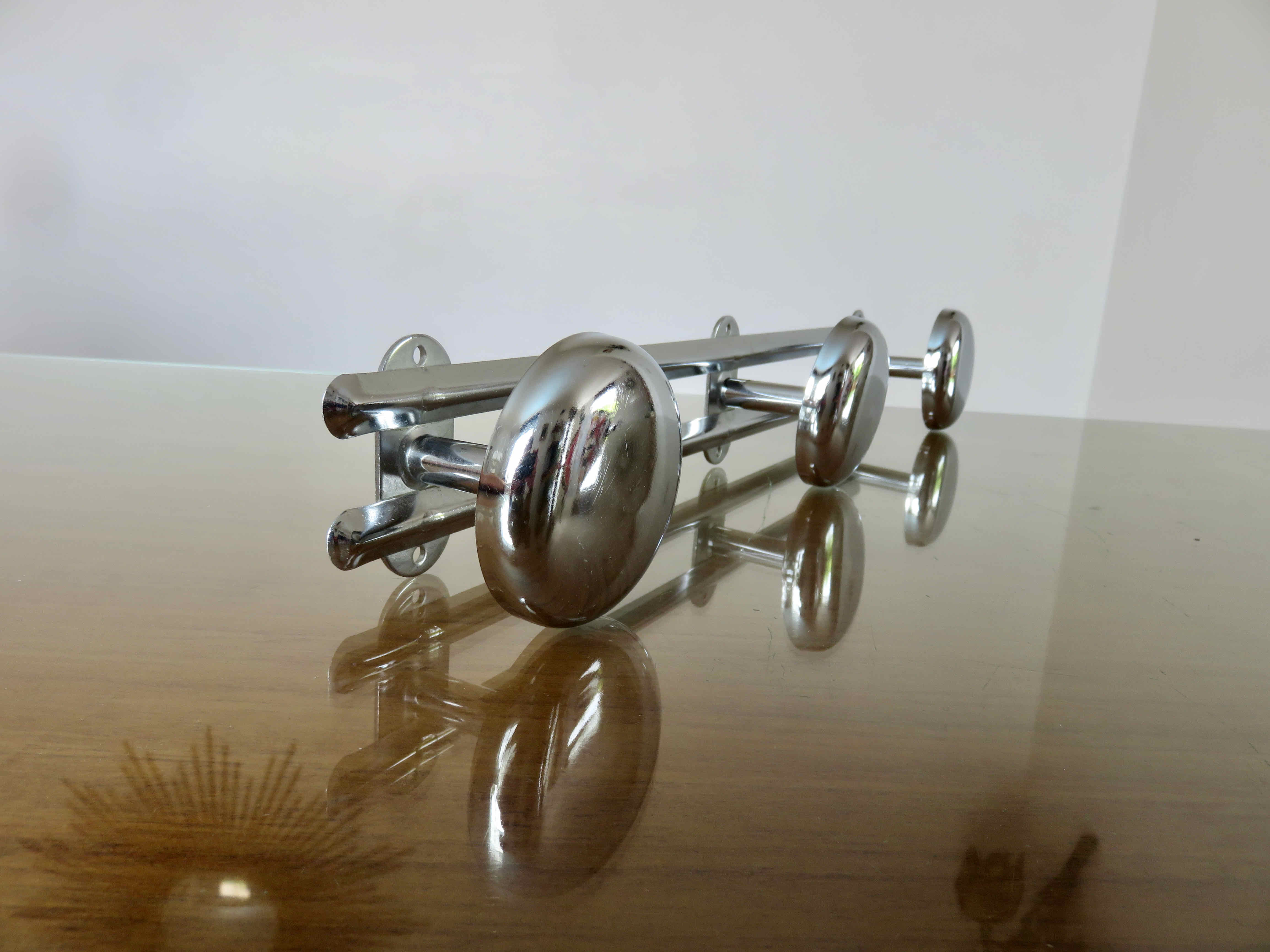 Wall coat rack 3 hooks chromed steel 1970