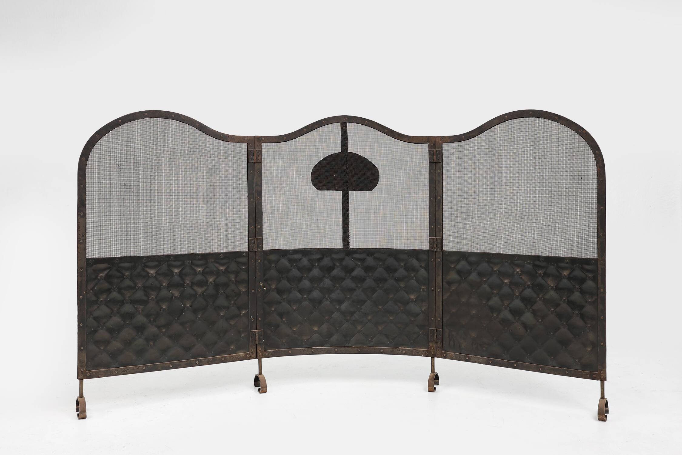French Art Deco wrought iron fireplace screen with 3 panels