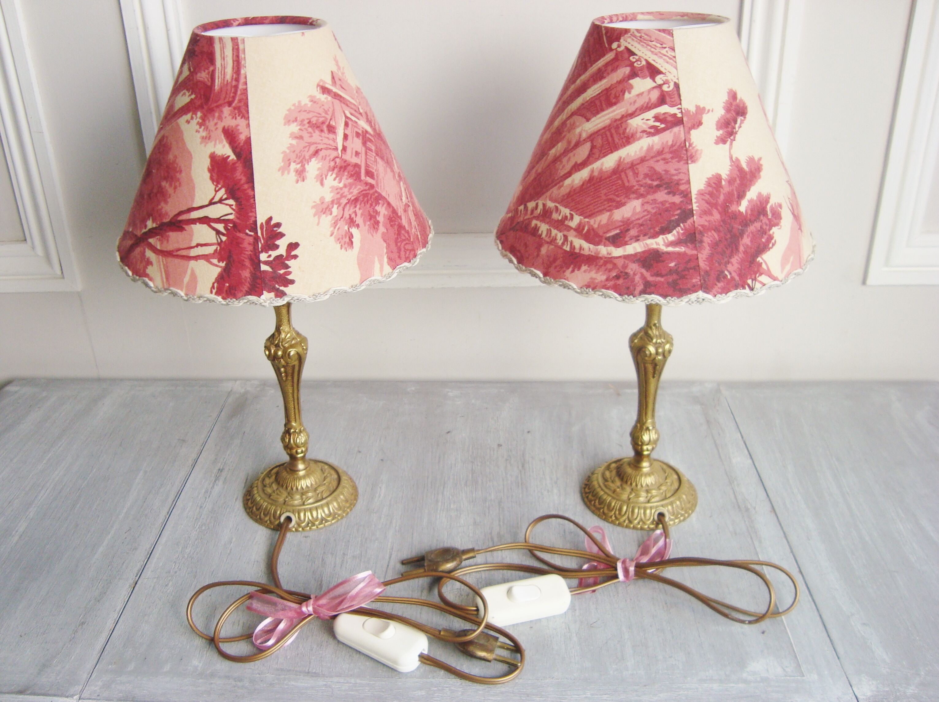 Pair of brass lamps with handmade lampshades in vintage toile de Jouy fabric