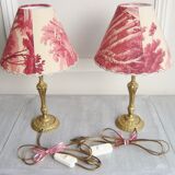 Pair of brass lamps with handmade lampshades in vintage toile de Jouy fabric