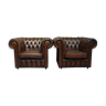 Paire de fauteuils chesterfield marron brun