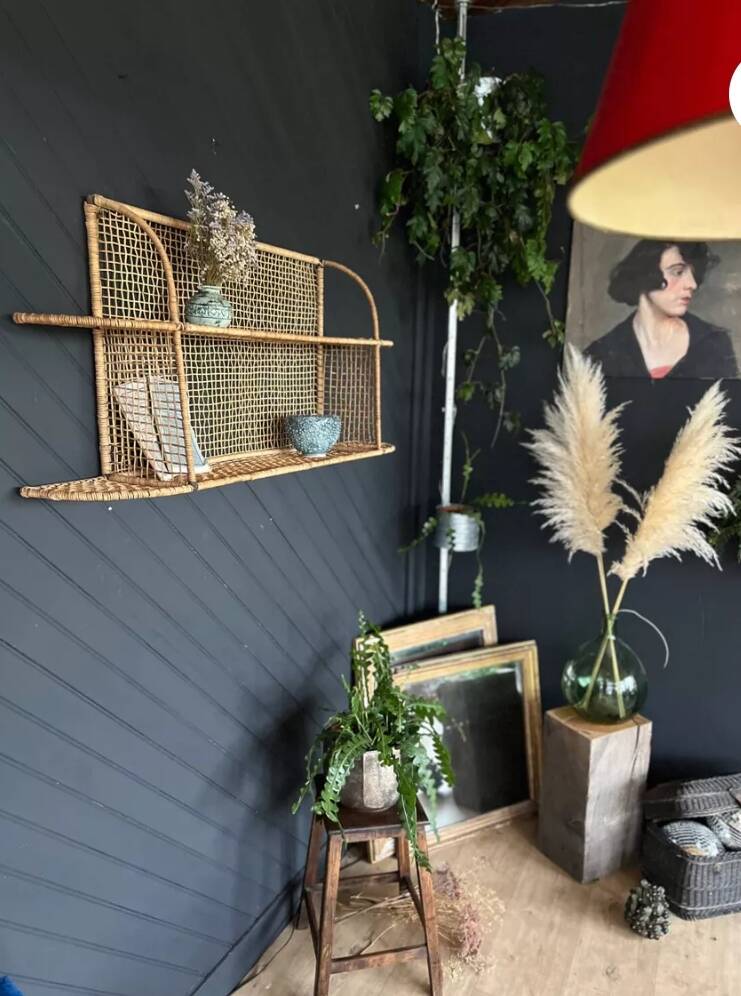 Steel and wicker wall shelf