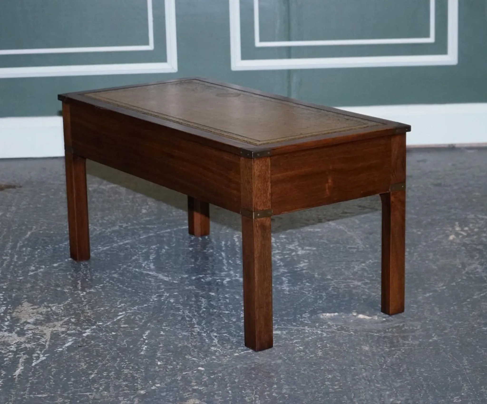 Coffee Table Military Campaign with Brown Leather Top from Harrods London