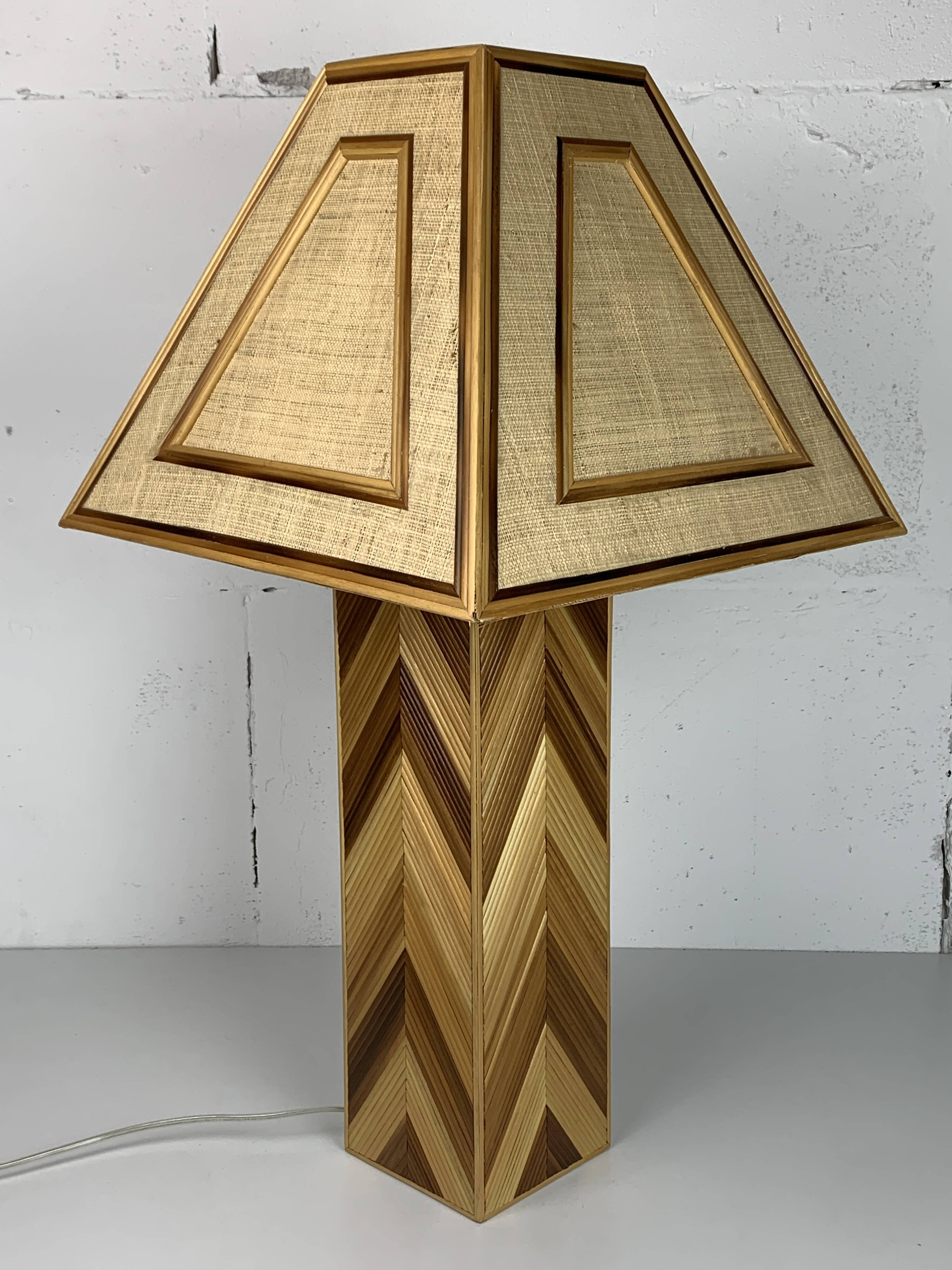 Midcentury pencil reed rattan bamboo and brass table lamp, 1970s