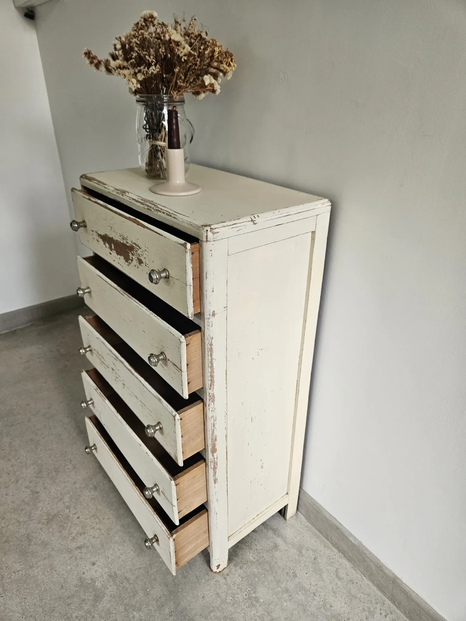 Chiffonier semainier parisien commode 5 tiroirs bois blanc vintage anc