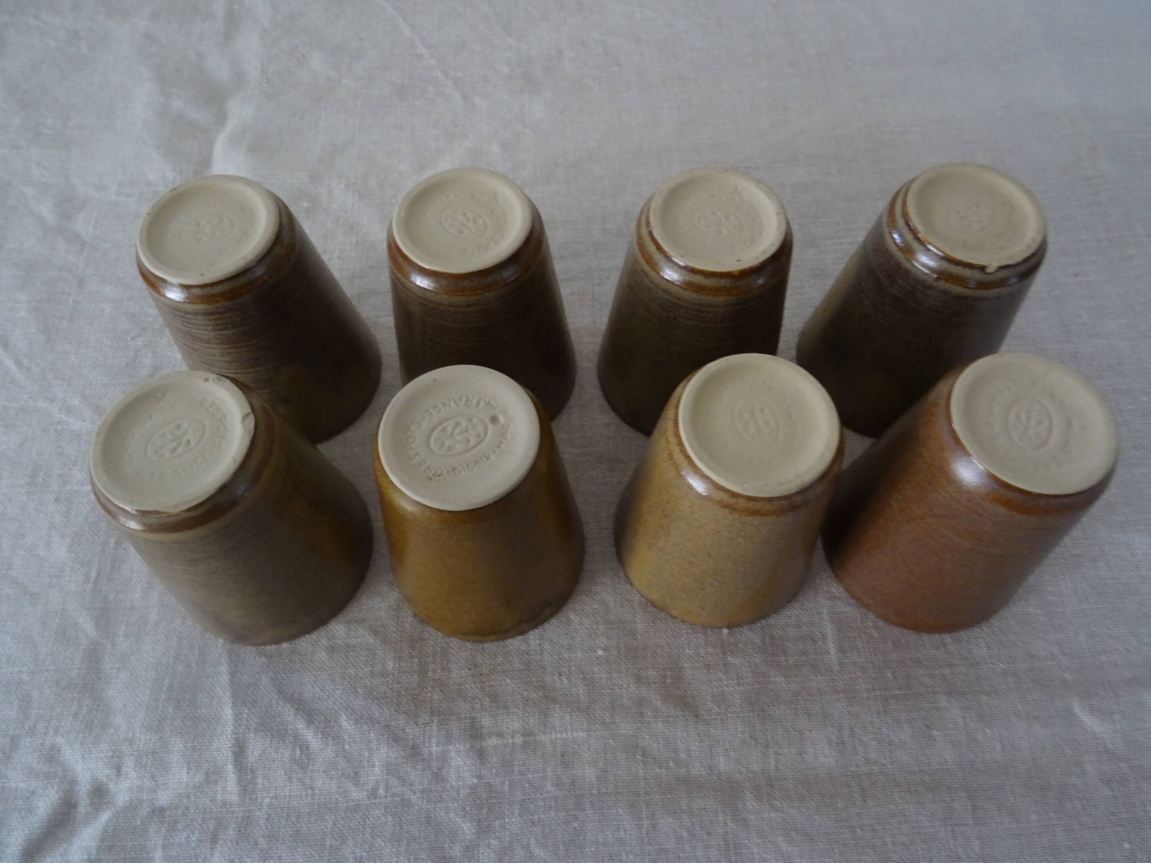 Lot 8 glasses sandstone cups stamped Digoin mug vintage cup