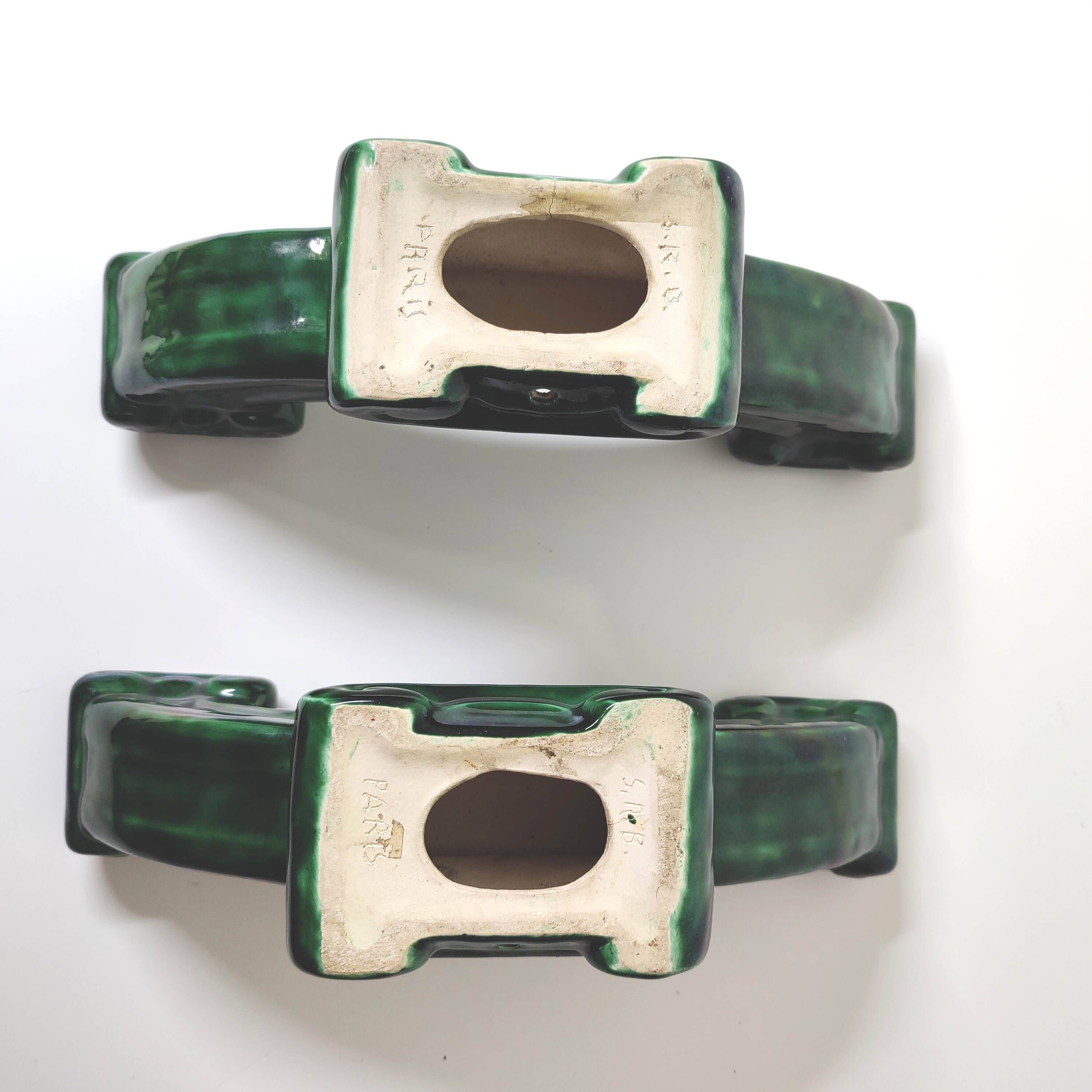 Pair of Art Deco green ceramic candlesticks by Santiago Rodriguez Bonome Paris