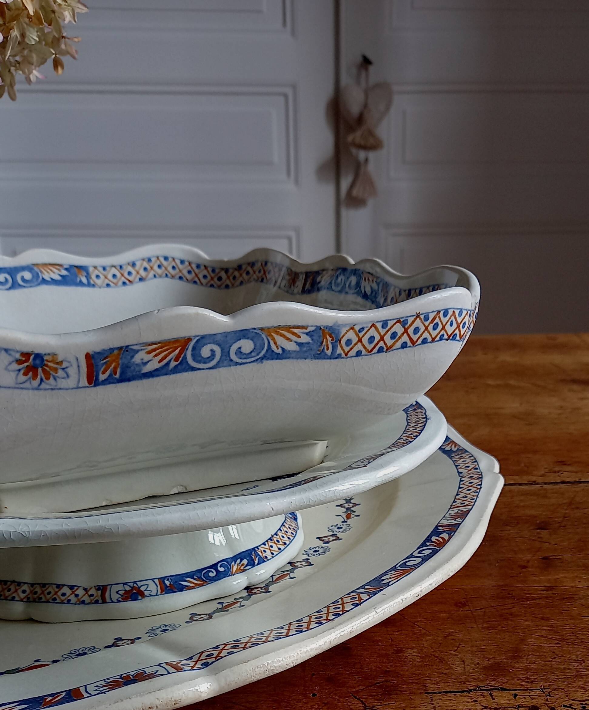 Old mounted plate, compotier in iron earthenware E. Bourgeois large deposit “Rouen XVIII”