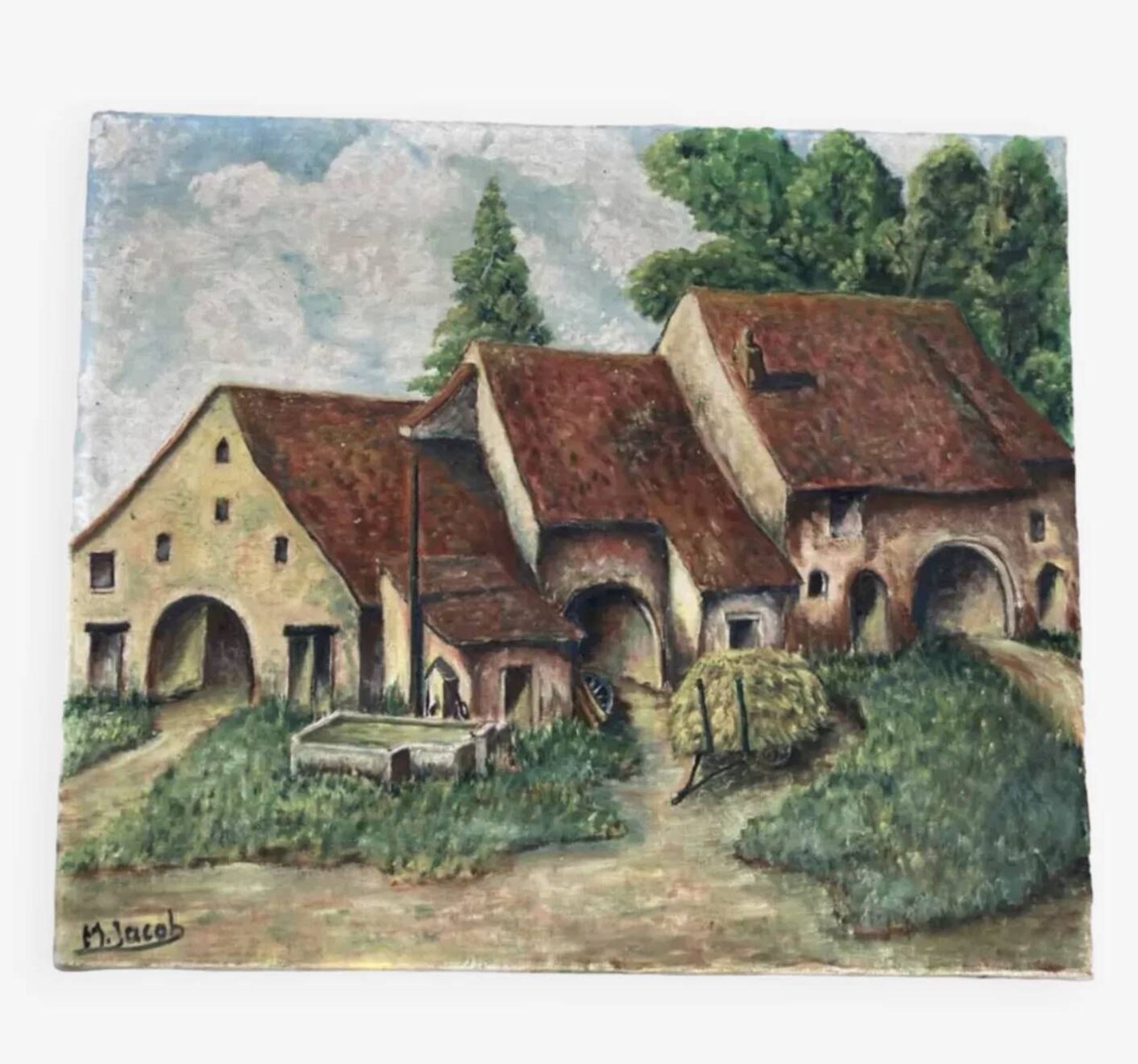 Naive painting of a farm in the Jura
