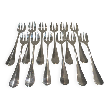 12 silver-plated oyster forks, Ercuis goldsmith, baguette-shaped, 14.3 cm