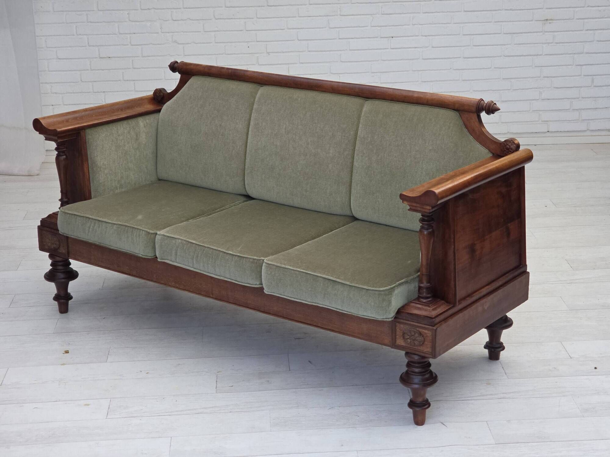 1930s, Danish 3 seater antique sofa, furniture velour, ash wood.