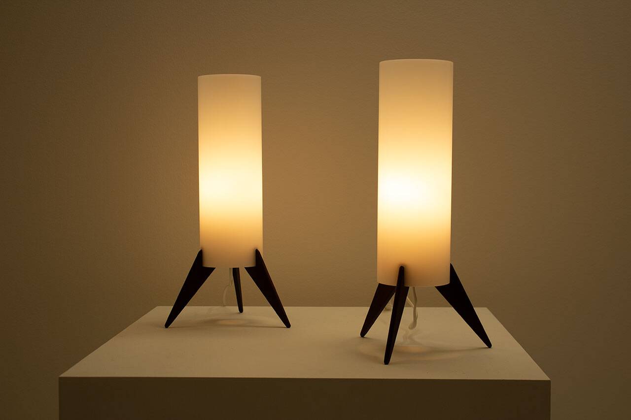 Pair of dark wood & acrylic rocket table lamps by Luxus, Sweden, 1960s