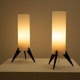 Pair of dark wood & acrylic rocket table lamps by Luxus, Sweden, 1960s