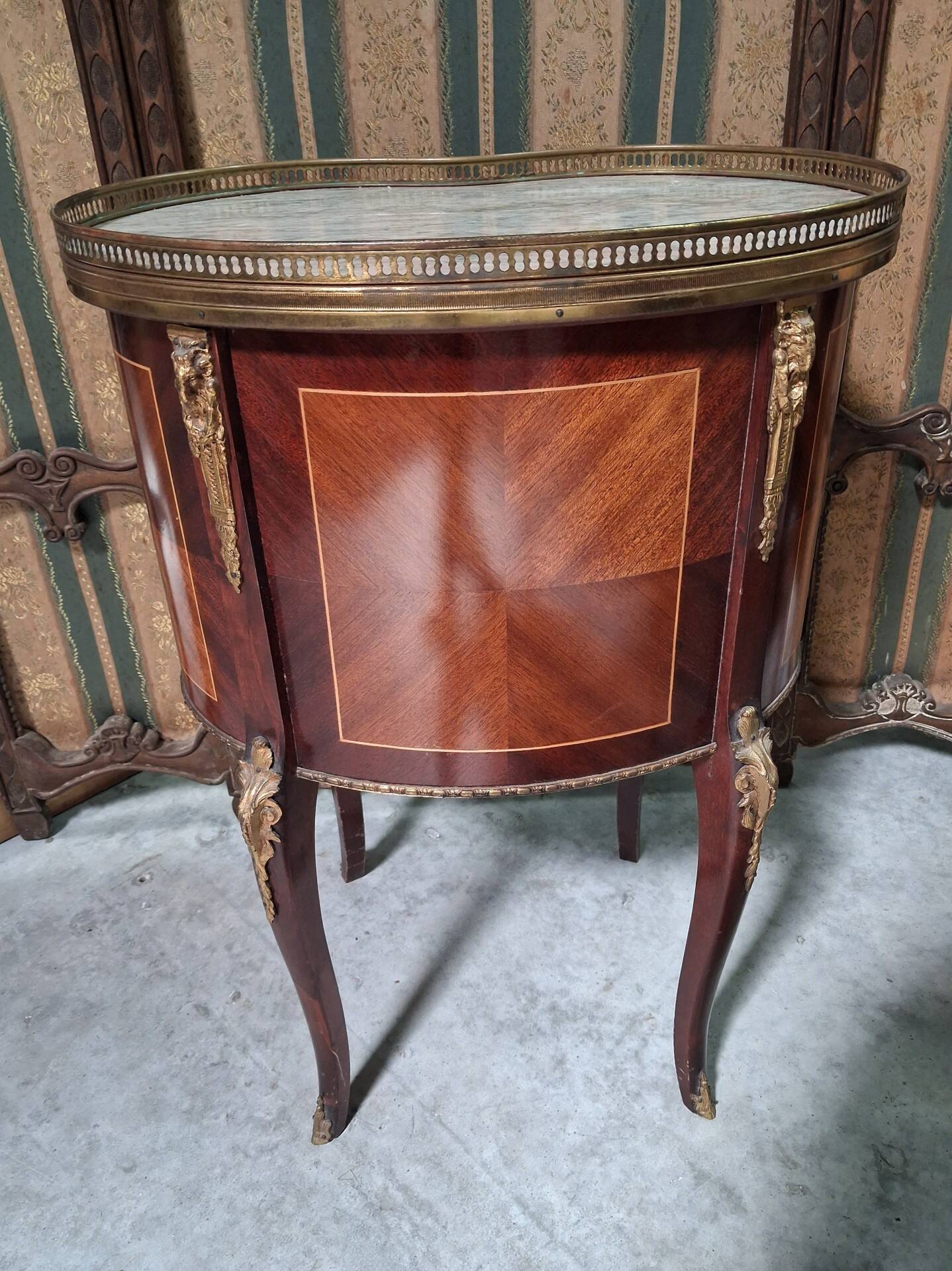 Lady's demi-lune commode in Louis XV style with marquetry and gilded bronze.