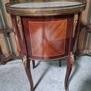 Lady's demi-lune commode in Louis XV style with marquetry and gilded bronze.