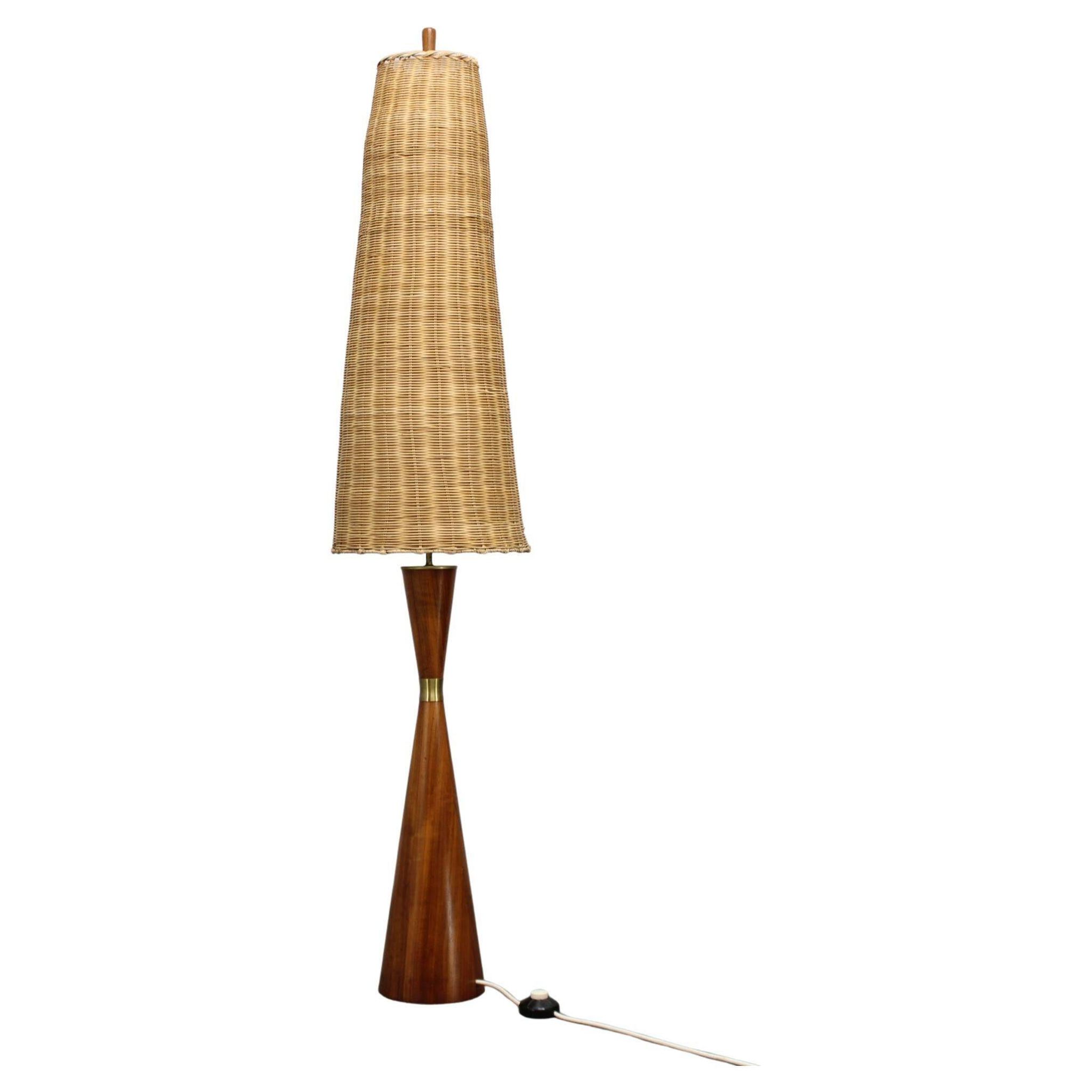 1960s Parker Knoll wooden table lamp with wicker shade, Britain