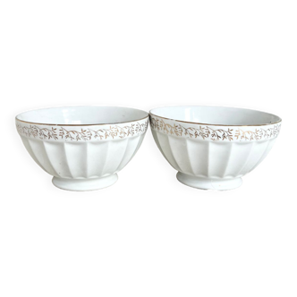 Pair of vintage French latte bowls - Longchamp fine porcelain - Golden border