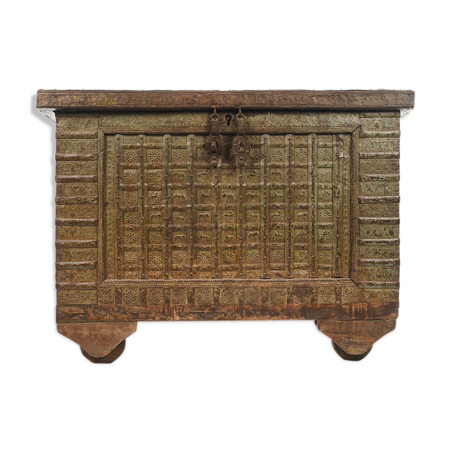 Steel-plated wooden box with green patina, circa 1840