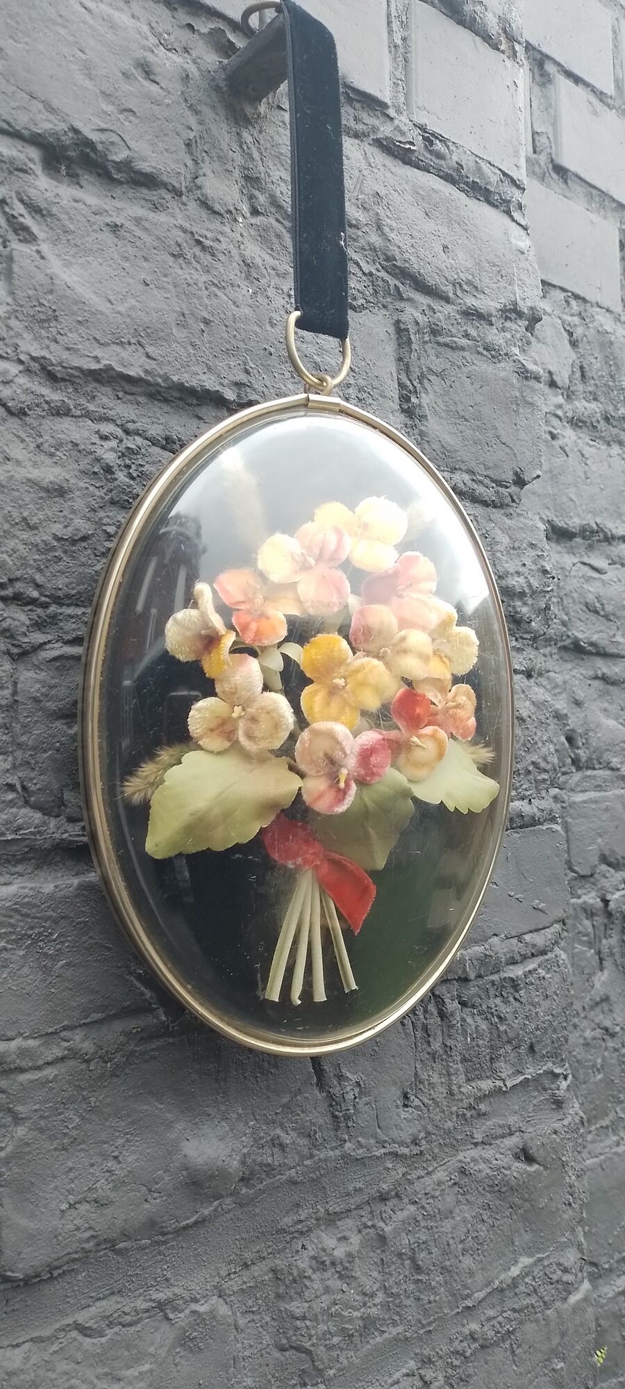 Dried flowers under glass metal frame 60' vintage