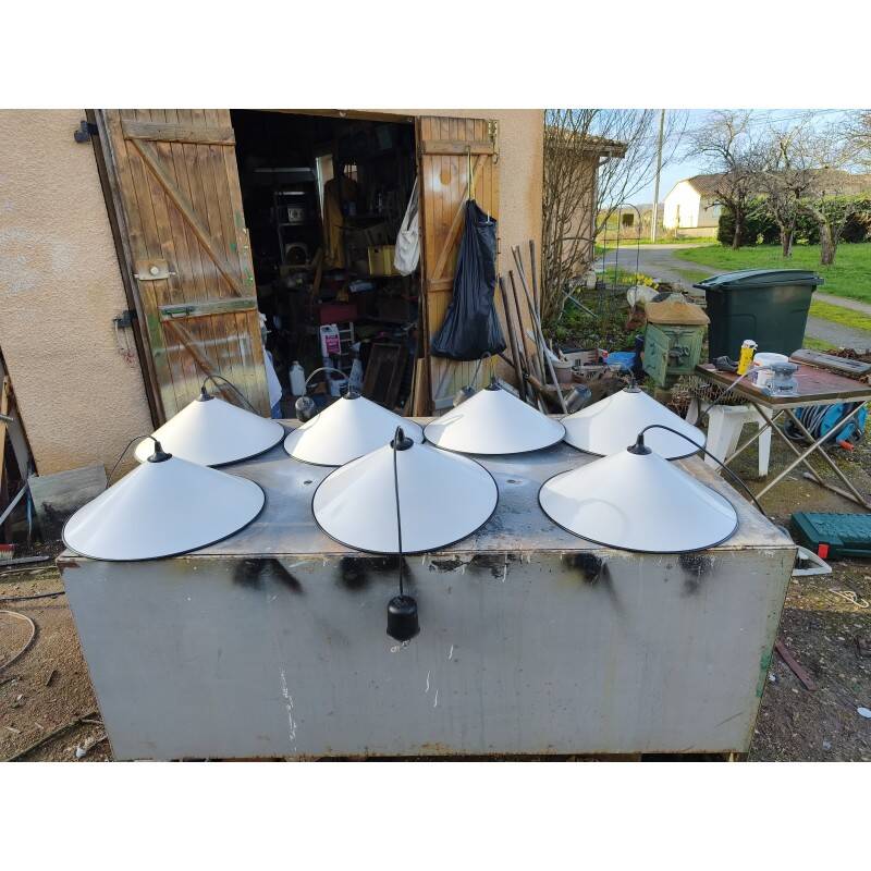 Set of 7 industrial enamelled metal pendant lights