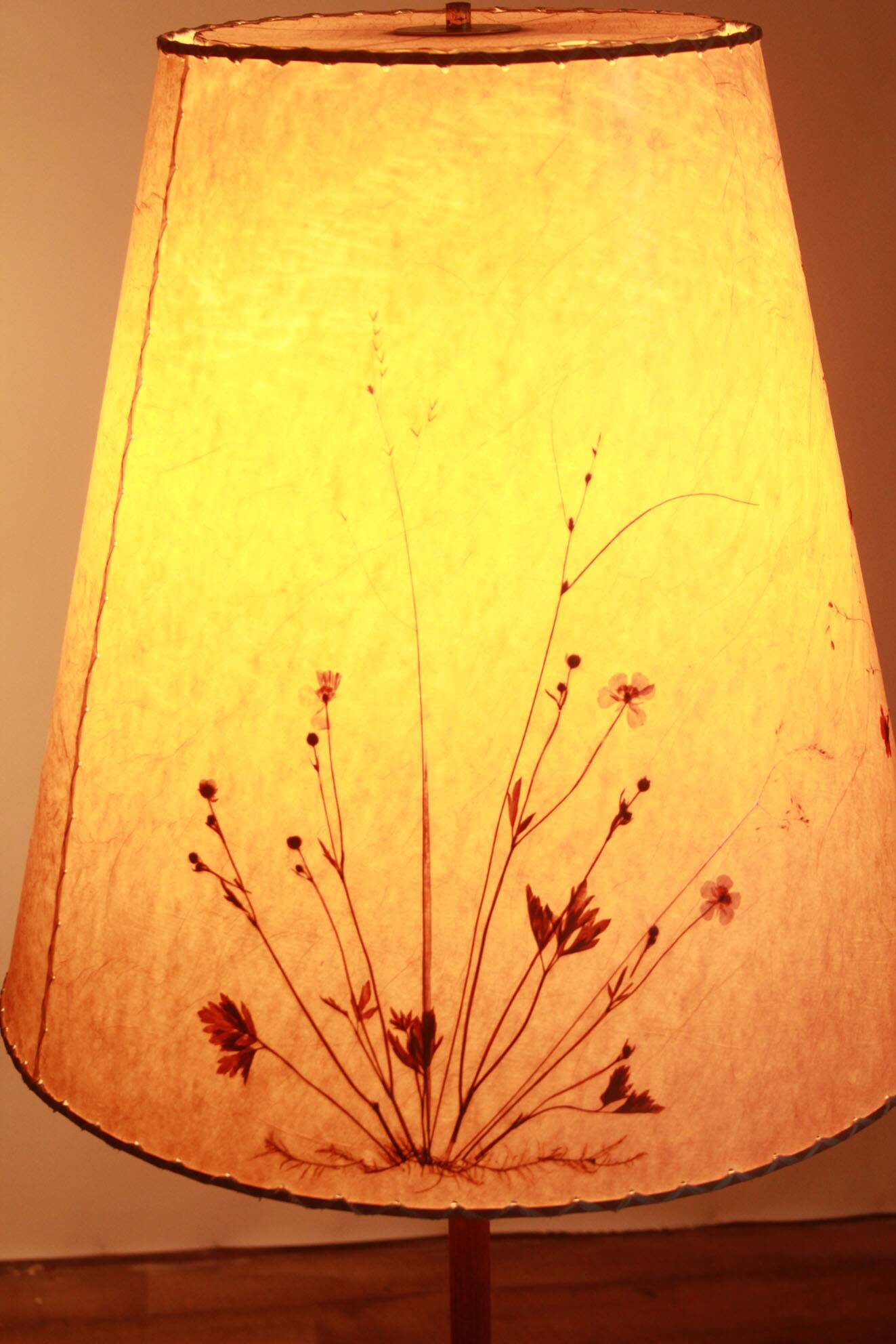 1950s floor lamp in brass and teak/shade with floral motif