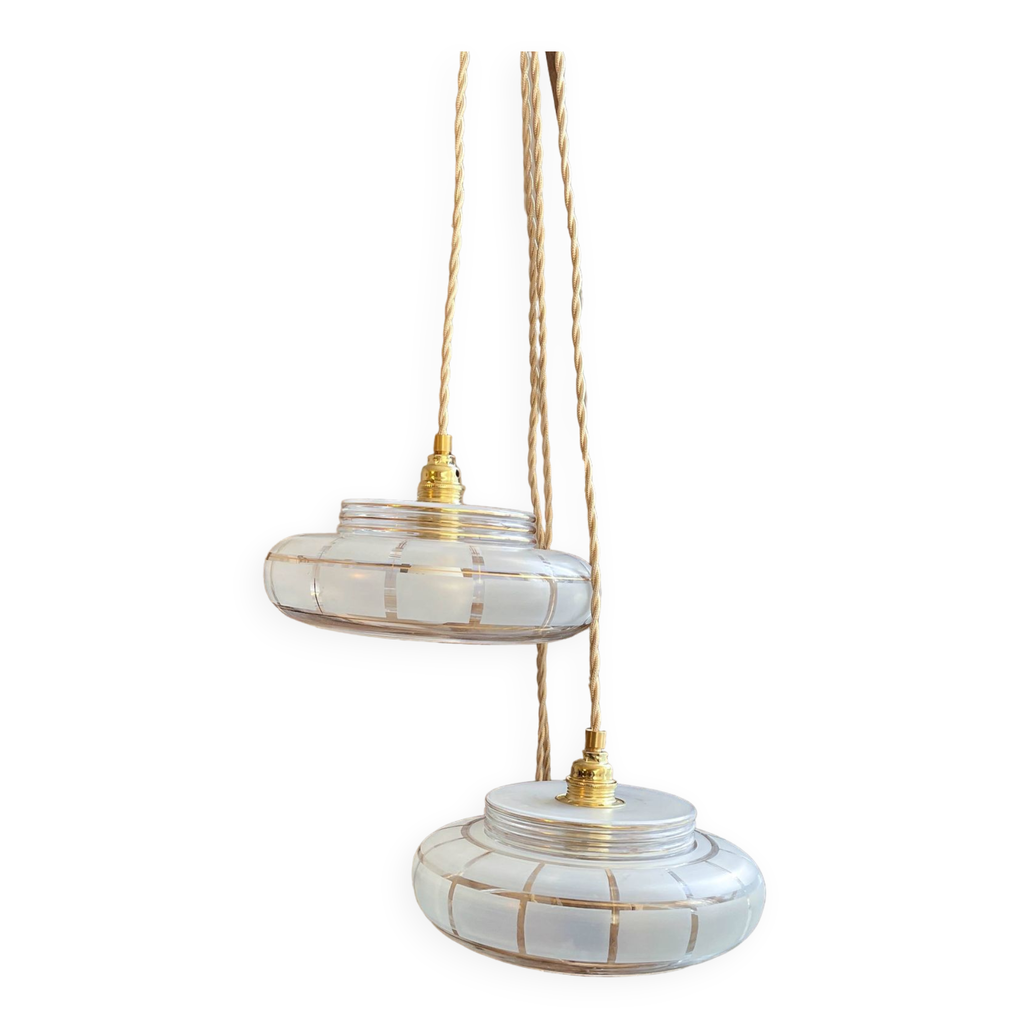 Pair of vintage portable lamps, customizable Art Deco frosted and gold glass globes