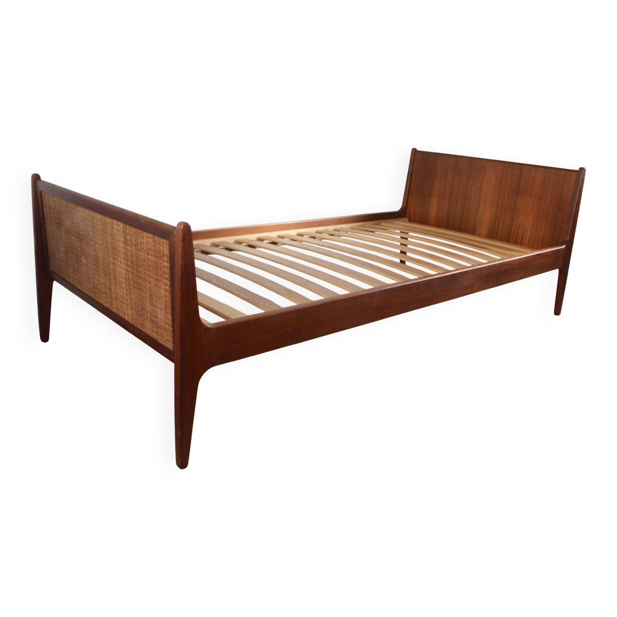 Vintage Scandinavian wicker and teak bed, Denmark 1960.