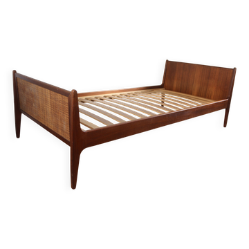 Vintage Scandinavian wicker and teak bed, Denmark 1960.