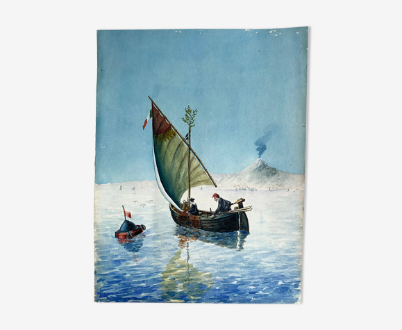 Peinture sur papier, pêcheurs siciliens  années 50