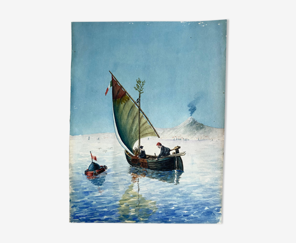 Peinture sur papier, pêcheurs siciliens années 50