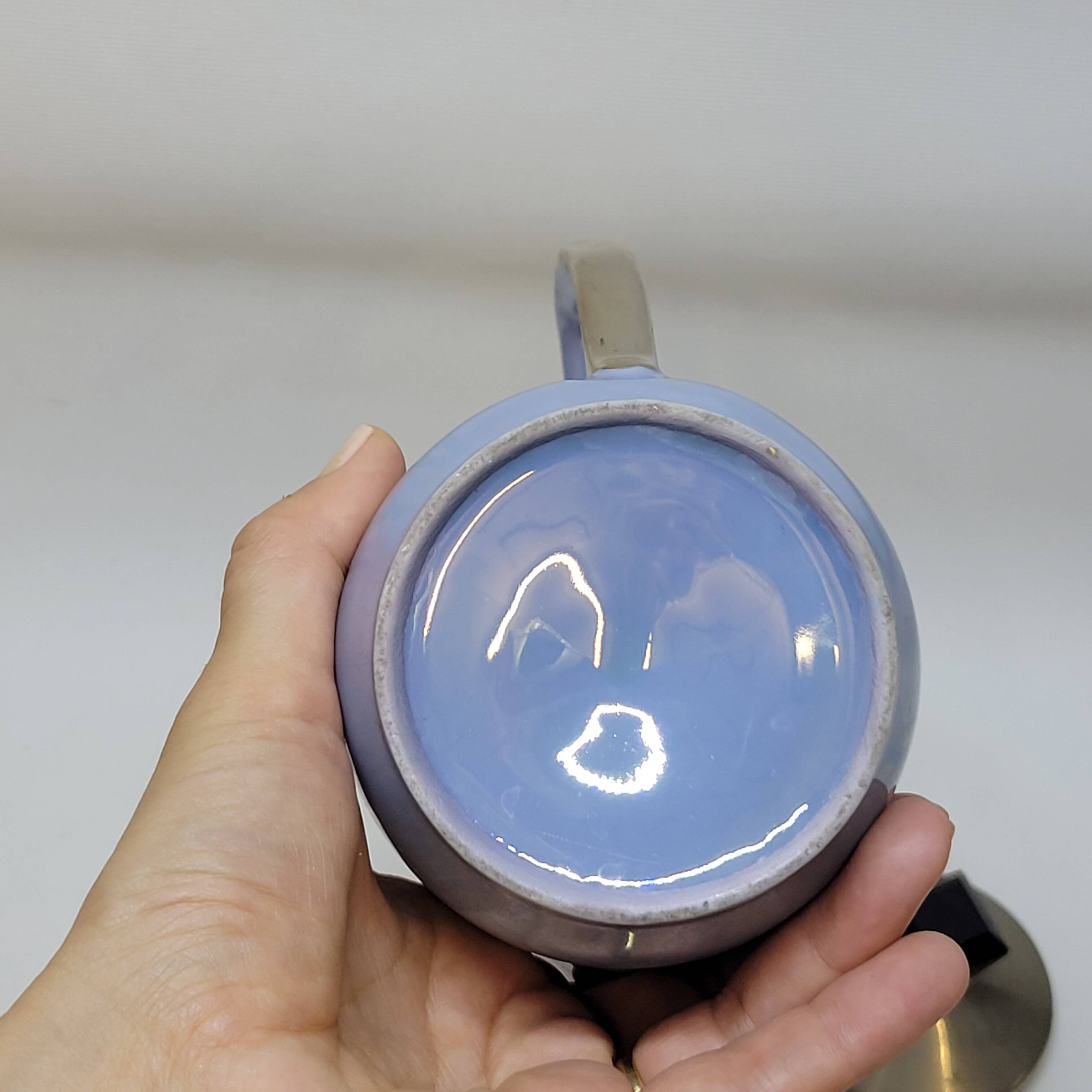Art deco coffee service in fine iridescent blue porcelain, metal and wood