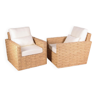 Pair of woven rush armchairs