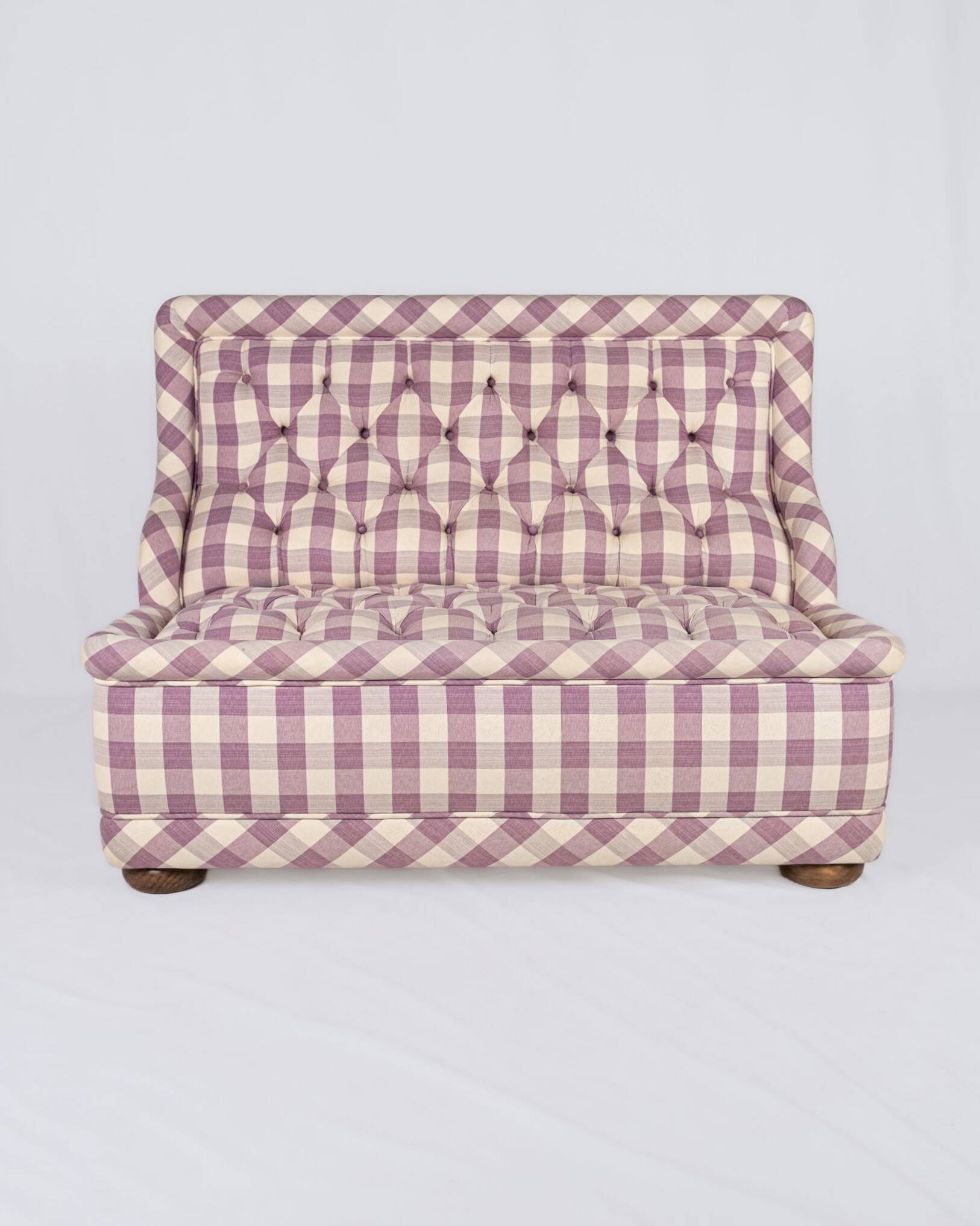 Upholstered bench in mauve and cream Vichy fabric, France, 1970s