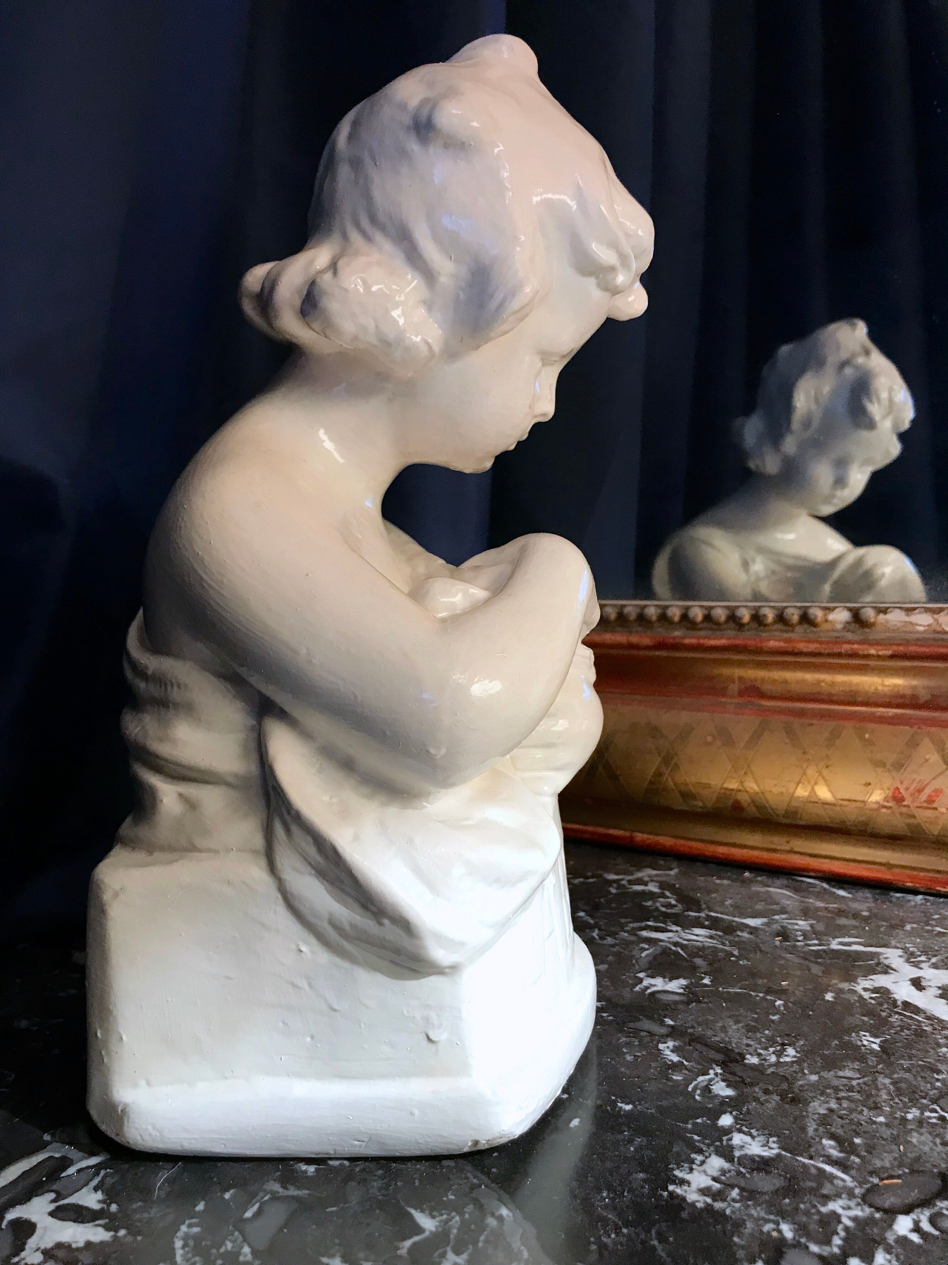 Cherub bust 19th century La Becquée petit enfant et oiseau figurine bébé angelot enamelled white