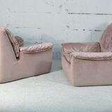 Cinna, pair of armchairs foam and velvet ras pink pale, France, circa 1970