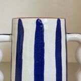 Klein blue and white striped ceramic vase with abstract handmade wavy handles