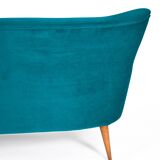 Canapé élégant trois places en velours, années 60, turquoise, restauré