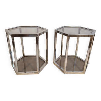 Magnificent pair of gold-silver metal side tables from the 1970s