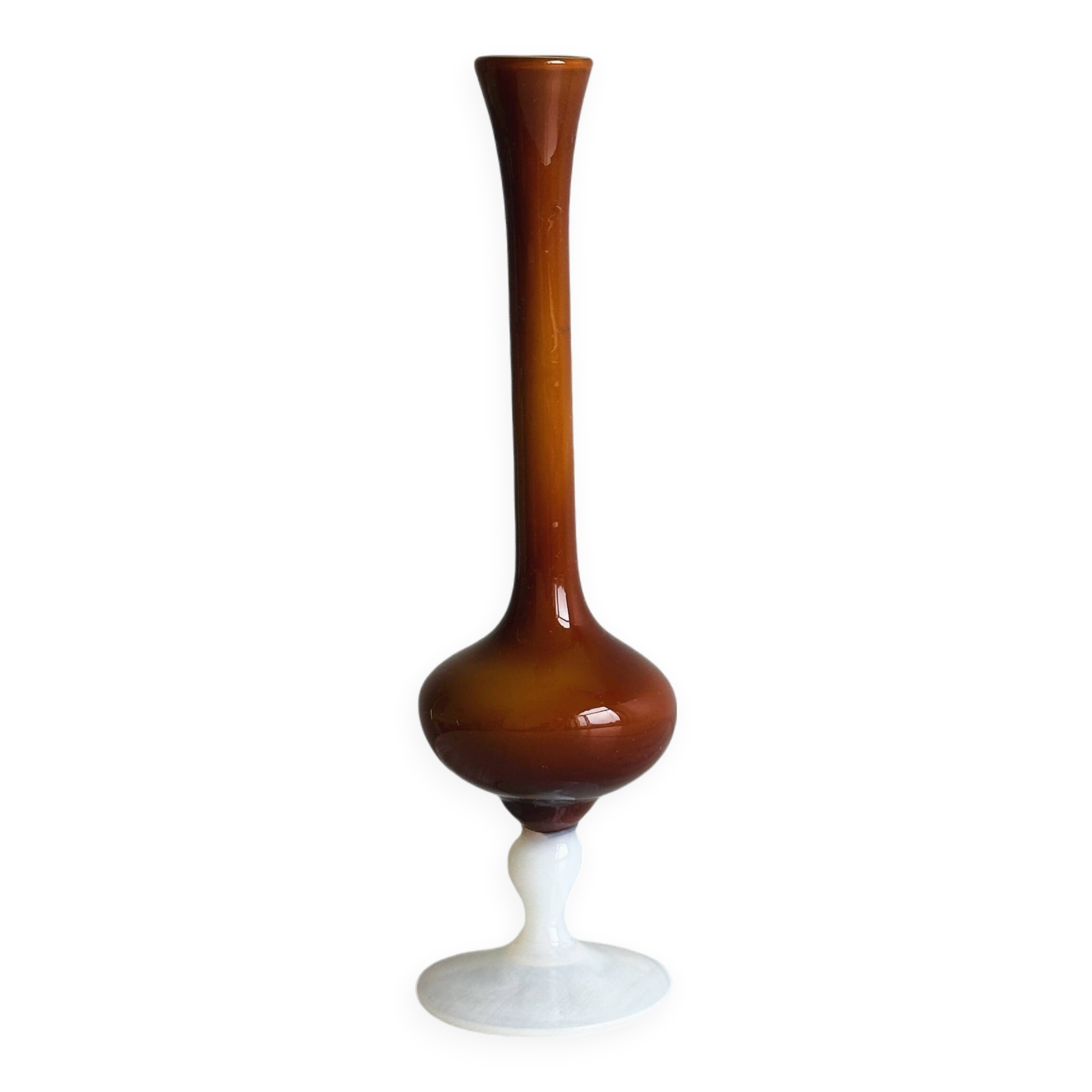 Vintage opaline soliflore vase in two-tone amber and white glass on foot