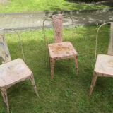 Set of 3 early 20th century patinated Tolix inspired bistro garden stacking chairs