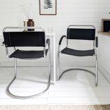 Pair Vintage Italian Cantilever Chairs Chrome Leather Armrests Bauhaus Style
