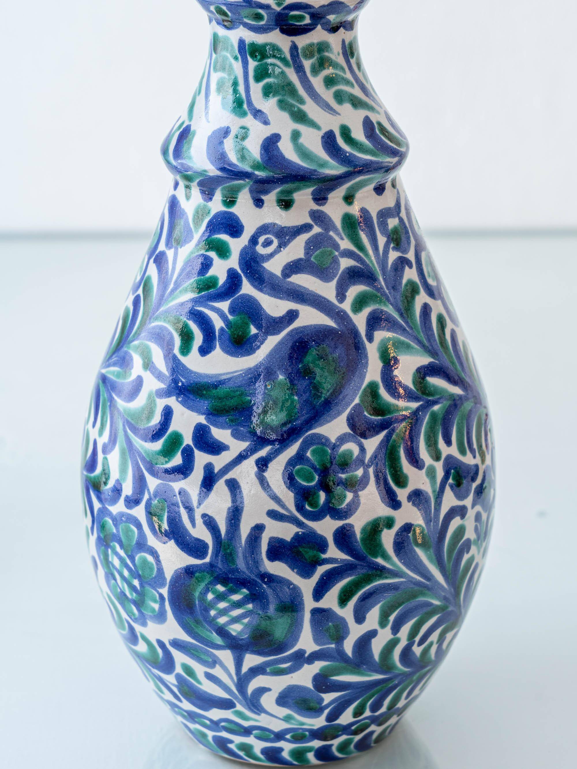 Fajalauza ceramic table lamp with hand-woven shade, Granada, Spain.