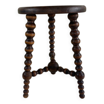 Signed turned wooden tripod stool