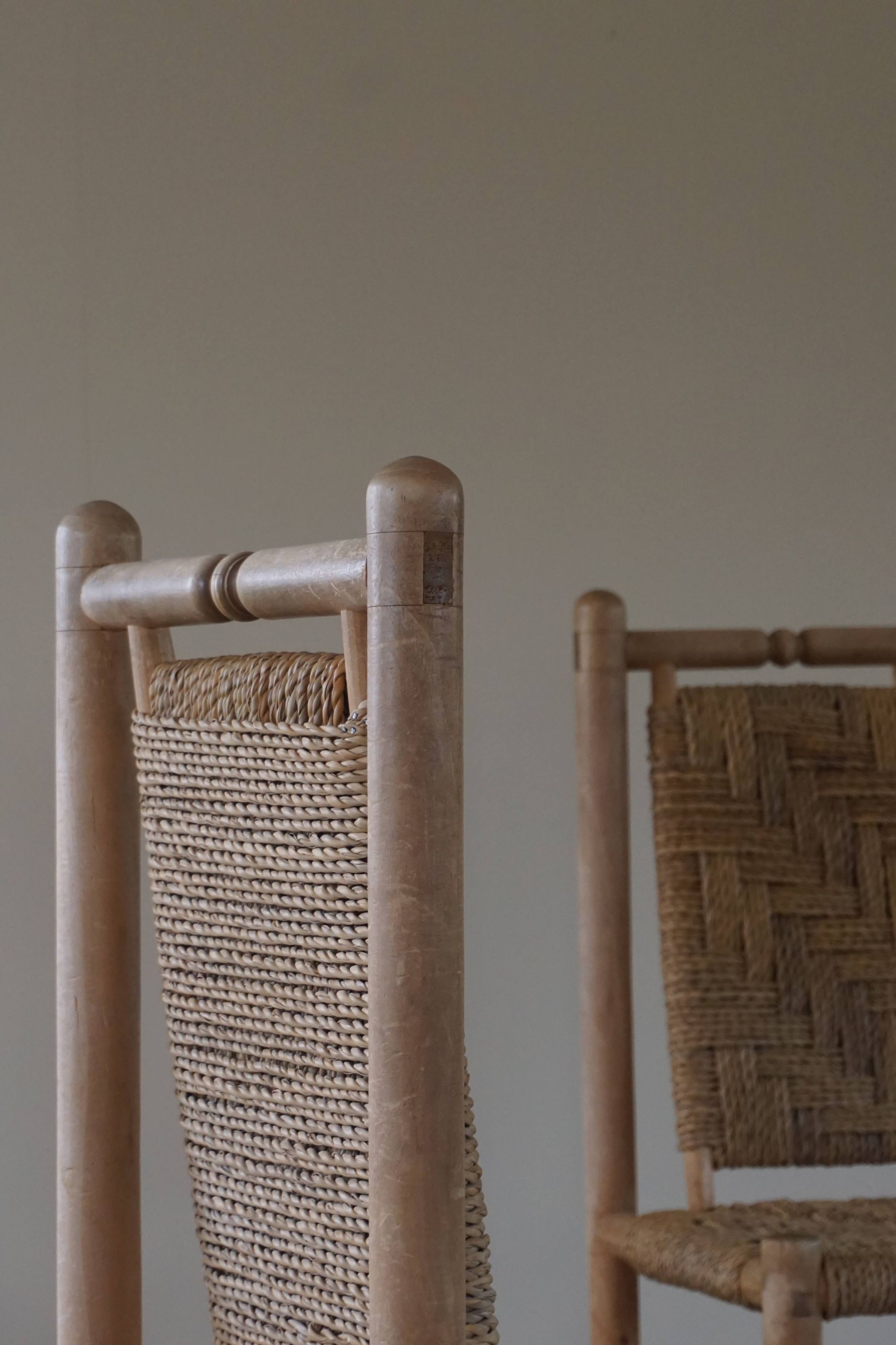 Set of 6 French Mid Century Naturalist Woven Highback Chairs in Solid Elm, 1960s