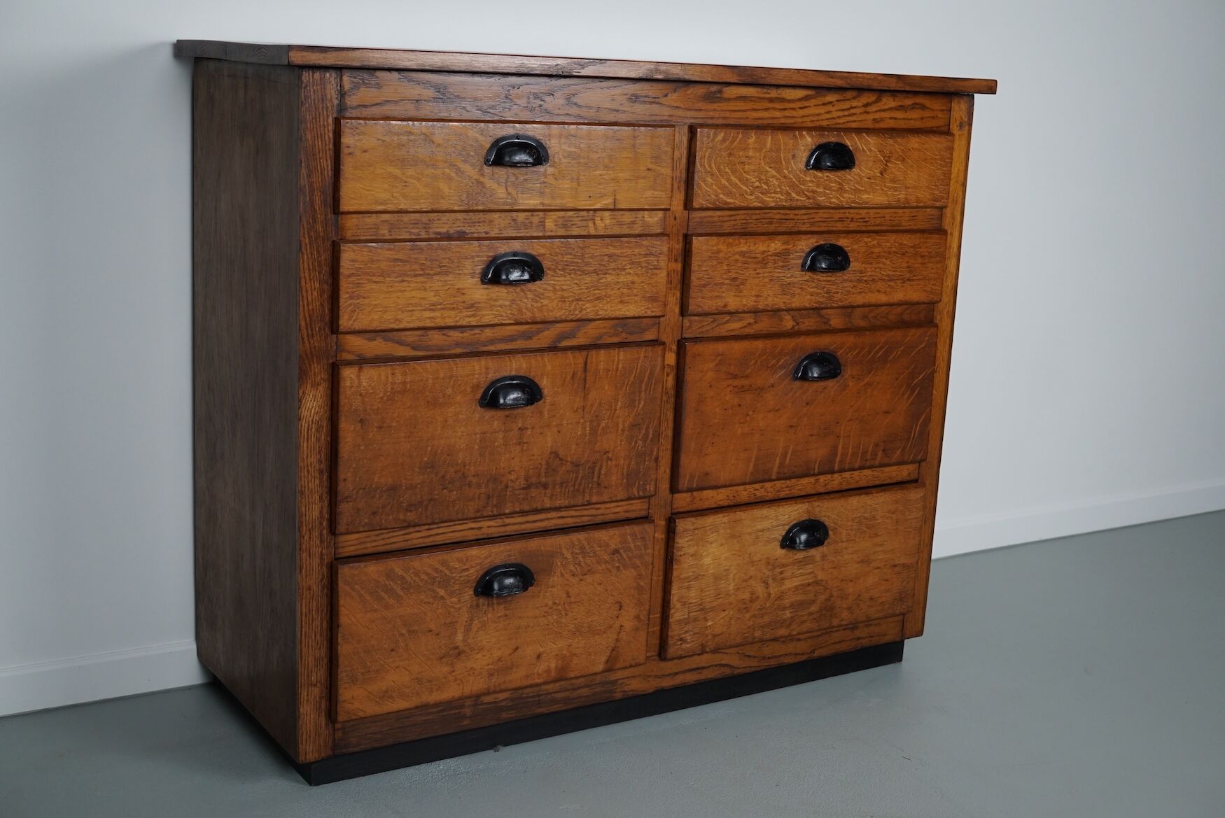 Belgian industrial oak apothecary cabinet, 1940s