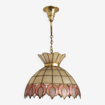 French Vintage Capiz Shell Ceiling Light With Pink Peacock Feather Detail 4766