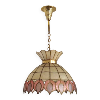 French Vintage Capiz Shell Ceiling Light With Pink Peacock Feather Detail 4766