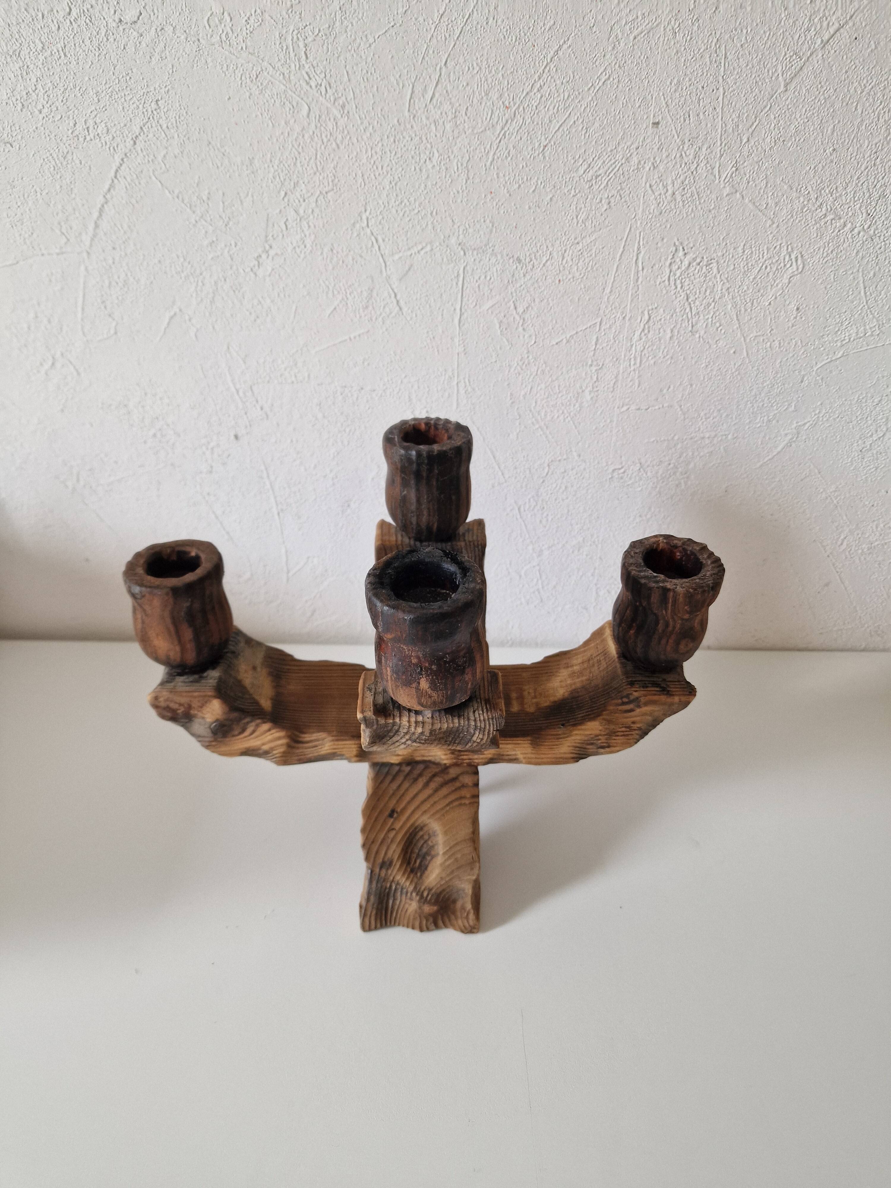 Pair of Brutalist Wooden Candle Holders